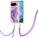 For Google Pixel 9 Electroplating Marble Dual-side IMD Phone Case with Lanyard(Purple 002)