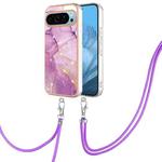 For Google Pixel 9 Pro Electroplating Marble Dual-side IMD Phone Case with Lanyard(Purple 001)