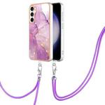 For Samsung Galaxy S23 FE 5G Electroplating Marble Dual-side IMD Phone Case with Lanyard(Purple 001)