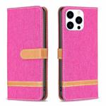 For iPhone 15 Pro Color Block Denim Texture Leather Phone Case(Rose Red)