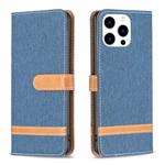 For iPhone 15 Pro Color Block Denim Texture Leather Phone Case(Dark Blue)