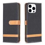 For iPhone 15 Pro Color Block Denim Texture Leather Phone Case(Black)