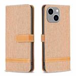 For iPhone 15 Plus Color Block Denim Texture Leather Phone Case(Brown)