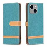 For iPhone 15 Plus Color Block Denim Texture Leather Phone Case(Green)