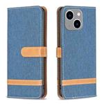 For iPhone 15 Plus Color Block Denim Texture Leather Phone Case(Dark Blue)