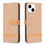 For iPhone 15 Color Block Denim Texture Leather Phone Case(Brown)