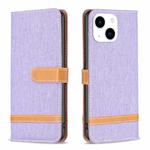 For iPhone 15 Color Block Denim Texture Leather Phone Case(Purple)
