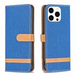 For iPhone 16 Pro Max Color Block Denim Texture Leather Phone Case(Dark Blue)