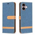 For iPhone 16 Color Block Denim Texture Leather Phone Case(Dark Blue)