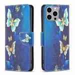 For iPhone 15 Pro Max Colored Drawing Pattern Flip Leather Phone Case(Gold Butterfly)