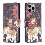 For iPhone 15 Pro Max Colored Drawing Pattern Flip Leather Phone Case(Flowers Elephant)