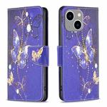 For iPhone 15 Plus Colored Drawing Pattern Flip Leather Phone Case(Purple Butterfly)