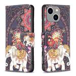 For iPhone 15 Plus Colored Drawing Pattern Flip Leather Phone Case(Flowers Elephant)
