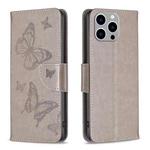 For iPhone 15 Pro Max Embossing Two Butterflies Pattern Leather Phone Case(Grey)