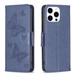 For iPhone 15 Pro Embossing Two Butterflies Pattern Leather Phone Case(Blue)