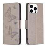 For iPhone 15 Pro Embossing Two Butterflies Pattern Leather Phone Case(Grey)