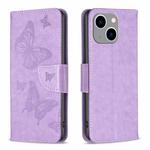 For iPhone 15 Plus Embossing Two Butterflies Pattern Leather Phone Case(Purple)