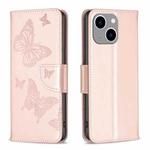 For iPhone 15 Plus Embossing Two Butterflies Pattern Leather Phone Case(Rose Gold)