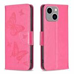 For iPhone 15 Plus Embossing Two Butterflies Pattern Leather Phone Case(Rose Red)