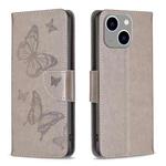 For iPhone 15 Plus Embossing Two Butterflies Pattern Leather Phone Case(Grey)