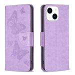 For iPhone 15 Embossing Two Butterflies Pattern Leather Phone Case(Purple)