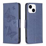 For iPhone 15 Embossing Two Butterflies Pattern Leather Phone Case(Blue)