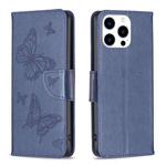 For iPhone 16 Pro Max Embossing Two Butterflies Pattern Leather Phone Case(Blue)