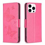 For iPhone 16 Pro Max Embossing Two Butterflies Pattern Leather Phone Case(Rose Red)