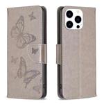 For iPhone 16 Pro Max Embossing Two Butterflies Pattern Leather Phone Case(Grey)