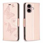 For iPhone 16 Embossing Two Butterflies Pattern Leather Phone Case(Rose Gold)