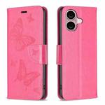 For iPhone 16 Embossing Two Butterflies Pattern Leather Phone Case(Rose Red)