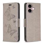 For iPhone 16 Embossing Two Butterflies Pattern Leather Phone Case(Grey)