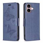 For iPhone 16 Plus Embossing Two Butterflies Pattern Leather Phone Case(Blue)