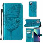 For iPhone 15 Pro Max Embossed Butterfly Leather Phone Case(Blue)
