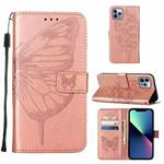 For iPhone 15 Pro Max Embossed Butterfly Leather Phone Case(Rose Gold)