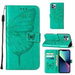 For iPhone 15 Pro Max Embossed Butterfly Leather Phone Case(Green)