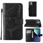 For iPhone 15 Pro Embossed Butterfly Leather Phone Case(Black)