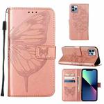 For iPhone 15 Pro Embossed Butterfly Leather Phone Case(Rose Gold)