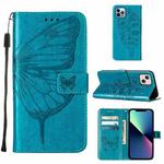 For iPhone 15 Plus Embossed Butterfly Leather Phone Case(Blue)