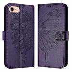 For iPhone SE 2024 Embossed Butterfly Leather Phone Case(Dark Purple)