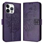 For iPhone 16 Pro Max Embossed Butterfly Leather Phone Case(Dark Purple)