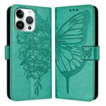 For iPhone 16 Pro Max Embossed Butterfly Leather Phone Case(Green)