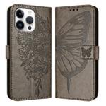 For iPhone 16 Pro Max Embossed Butterfly Leather Phone Case(Grey)