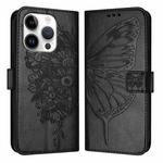 For iPhone 16 Pro Embossed Butterfly Leather Phone Case(Black)