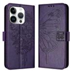 For iPhone 16 Pro Embossed Butterfly Leather Phone Case(Dark Purple)