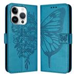 For iPhone 16 Pro Embossed Butterfly Leather Phone Case(Blue)