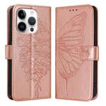 For iPhone 16 Pro Embossed Butterfly Leather Phone Case(Rose Gold)