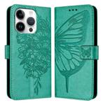 For iPhone 16 Pro Embossed Butterfly Leather Phone Case(Green)