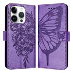 For iPhone 16 Pro Embossed Butterfly Leather Phone Case(Light Purple)