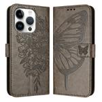 For iPhone 16 Pro Embossed Butterfly Leather Phone Case(Grey)